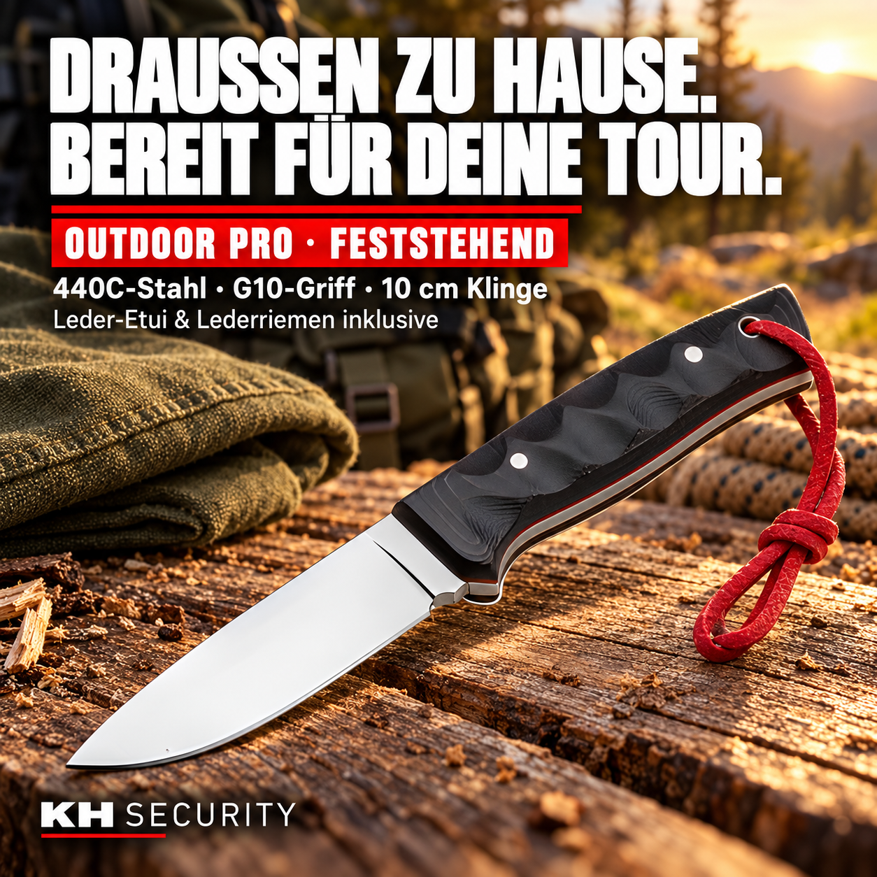 Outdoor Pro Outdoormesser aus 440C-Stahl mit G10-Griff und rotem Lederriemen – Campingmotiv