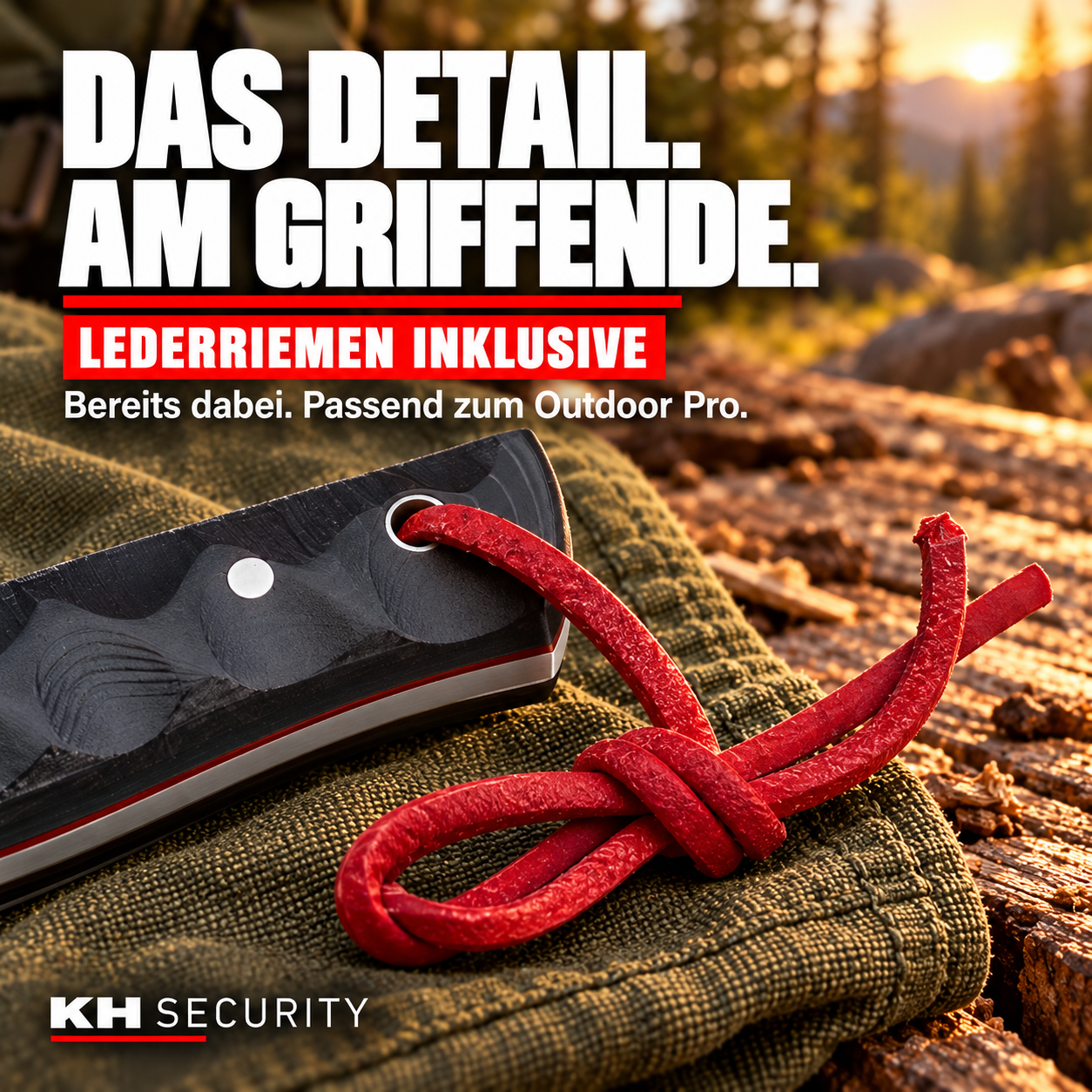Roter Lederriemen am Griffende des Outdoor Pro Outdoormessers – im Lieferumfang enthalten