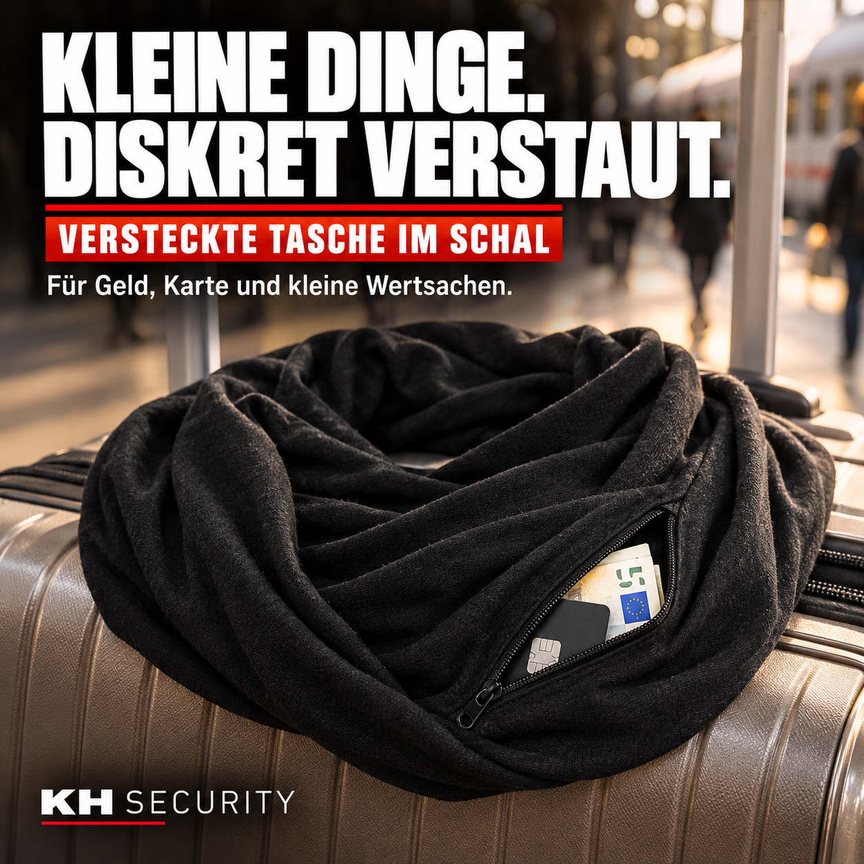 Versteckte Tasche im schwarzen Loop-Schal – Geld und Karte diskret verstaut