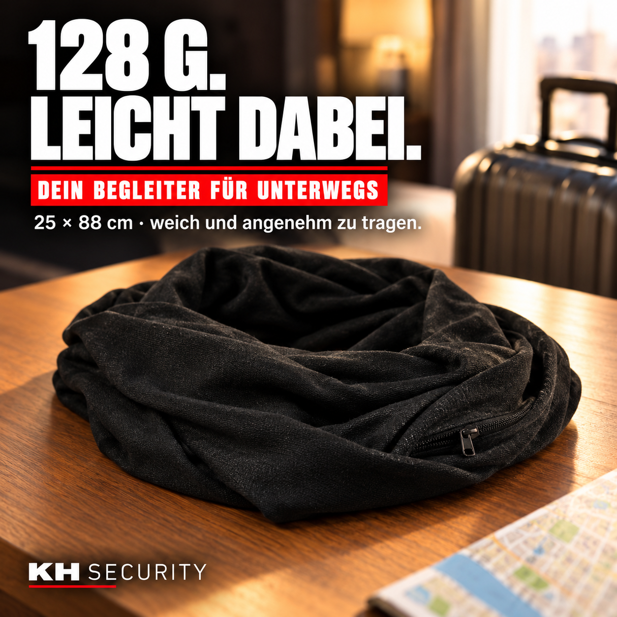 Leichter schwarzer Safe-Schal – 128 g Gewicht und 25 × 88 cm Maße