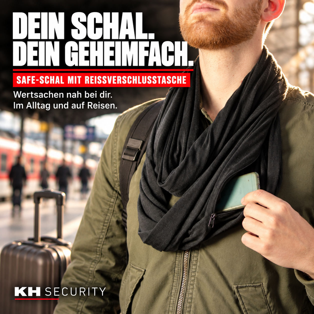 Schwarzer Safe-Schal 220247 mit versteckter Reißverschlusstasche – Reiseansicht am Bahnhof