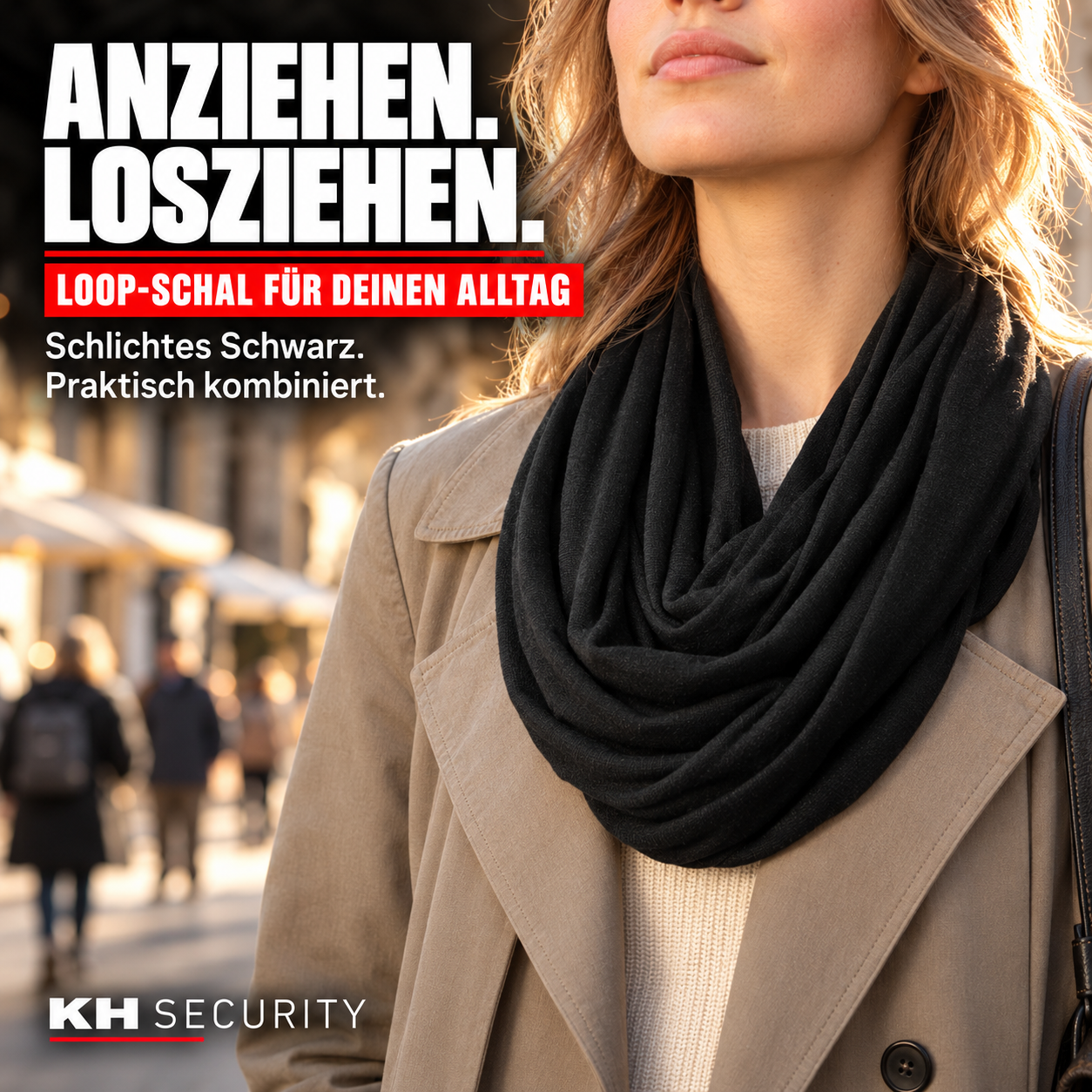 Schwarzer Loop-Schal mit Geheimfach – Trageansicht im Stadtalltag