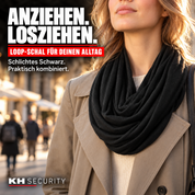 Schwarzer Loop-Schal mit Geheimfach – Trageansicht im Stadtalltag