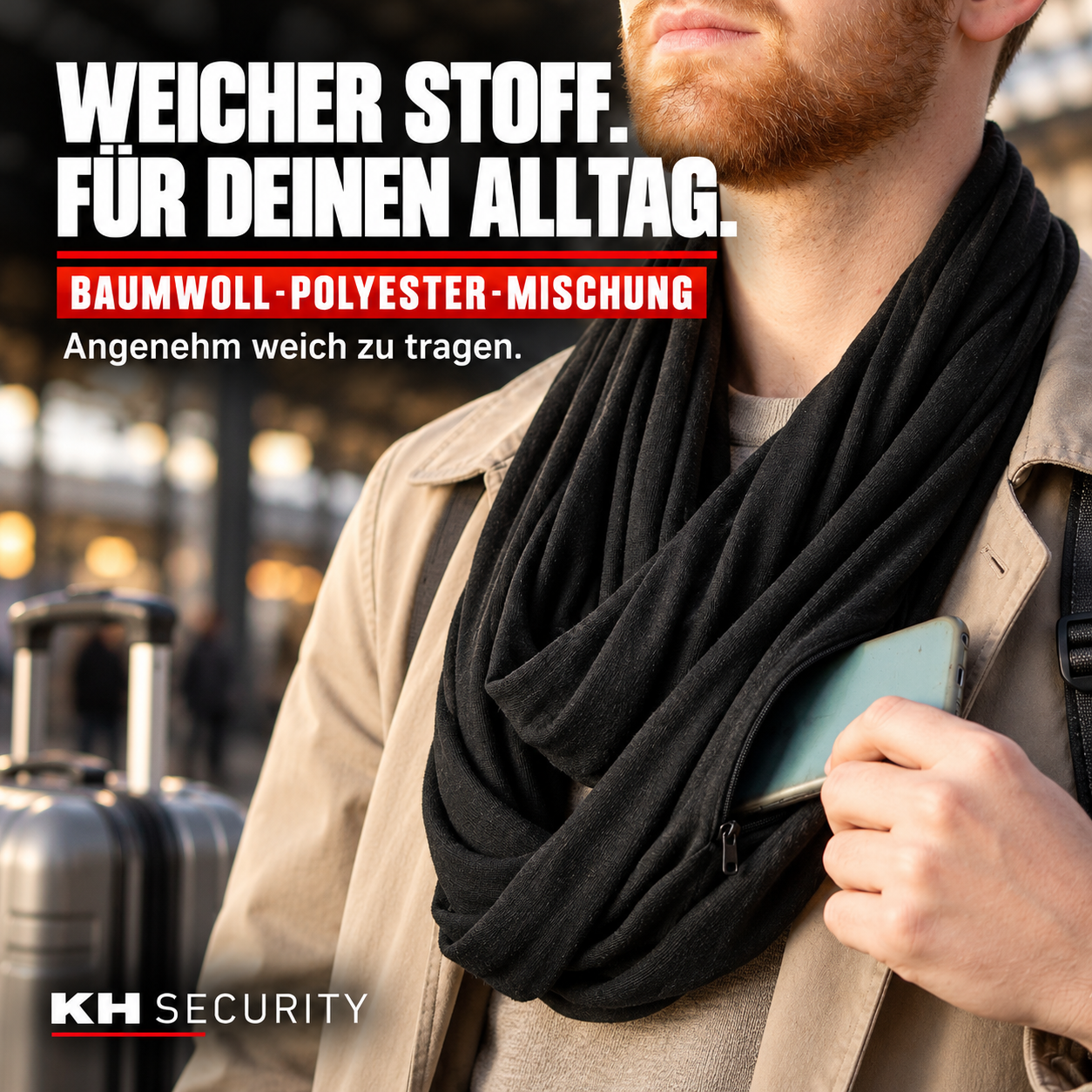 Safe-Schal aus weicher Baumwoll-Polyester-Mischung – Trageansicht