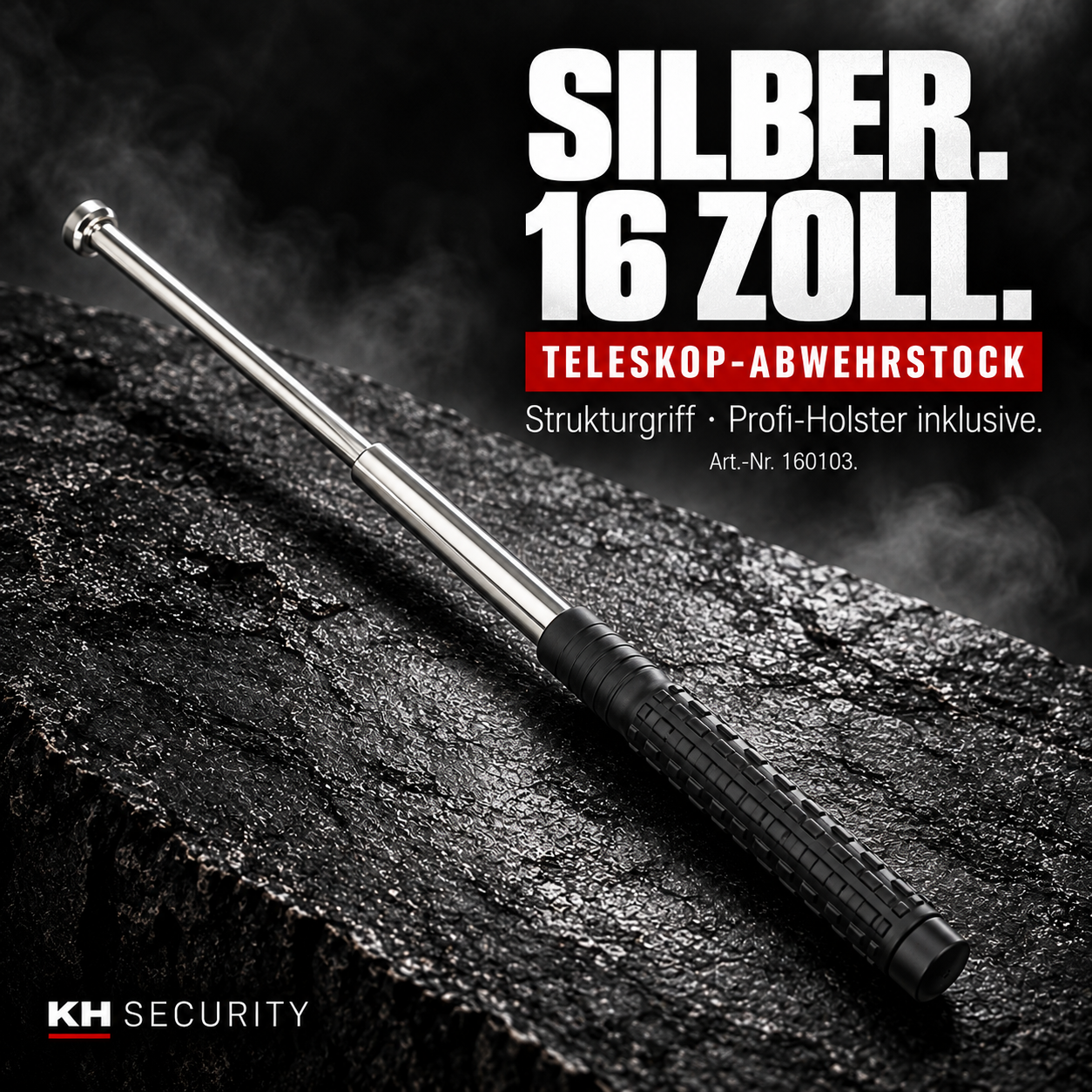 Teleskop-Abwehrstock 16 Zoll Silber mit Strukturgriff – Artikel 160103