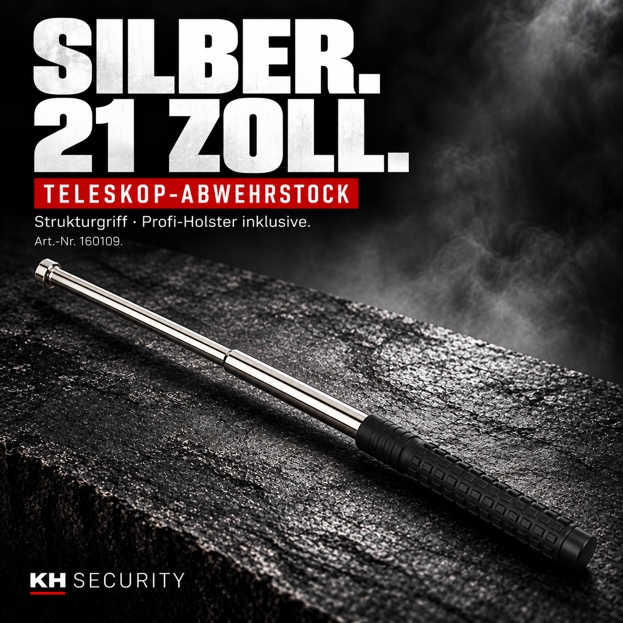 Teleskop-Abwehrstock 21 Zoll Silber mit Strukturgriff – Artikel 160109