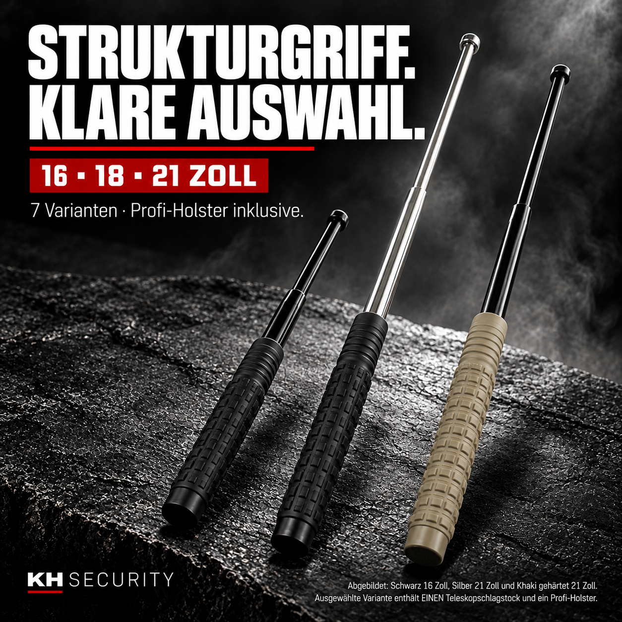 Teleskop-Abwehrstöcke mit Strukturgriff in 16, 18 und 21 Zoll