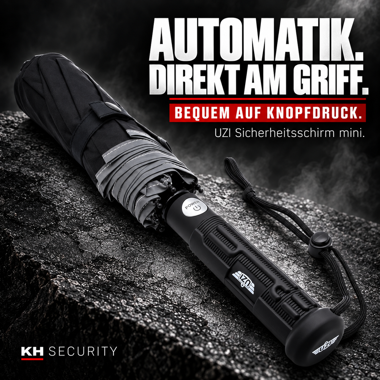 Automatikknopf am Griff des UZI Sicherheitsschirms mini