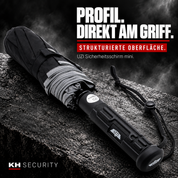 Strukturierter schwarzer Griff mit UZI Logo am Sicherheitsschirm mini