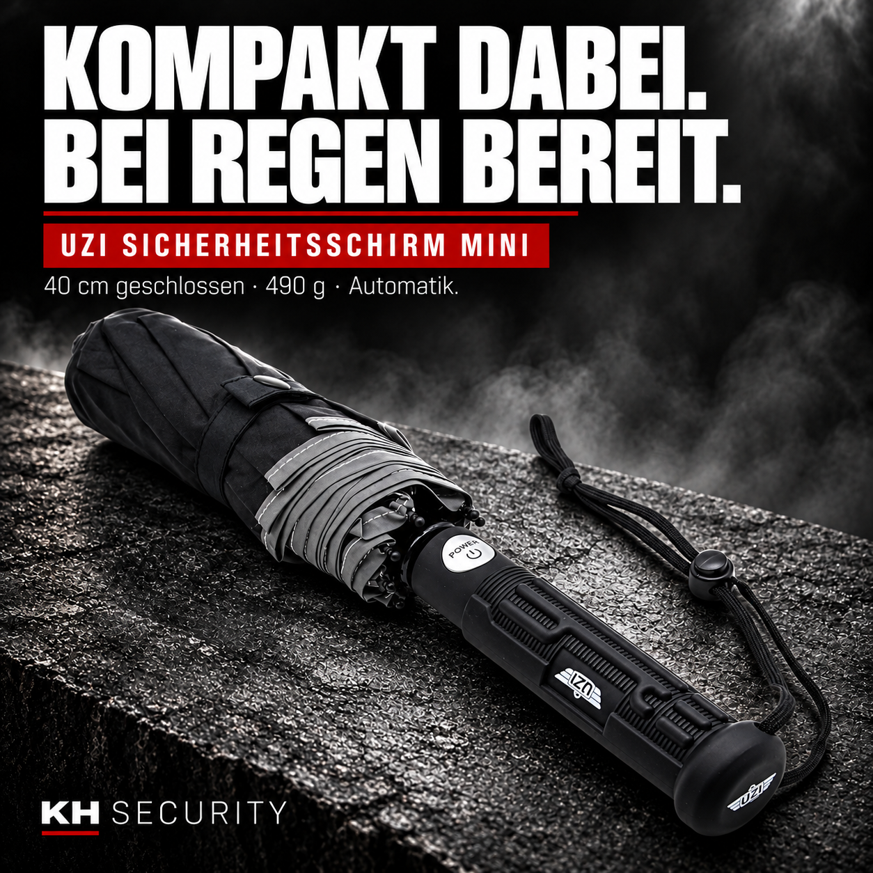 UZI Sicherheitsschirm mini in Schwarz mit Automatik und Handschlaufe