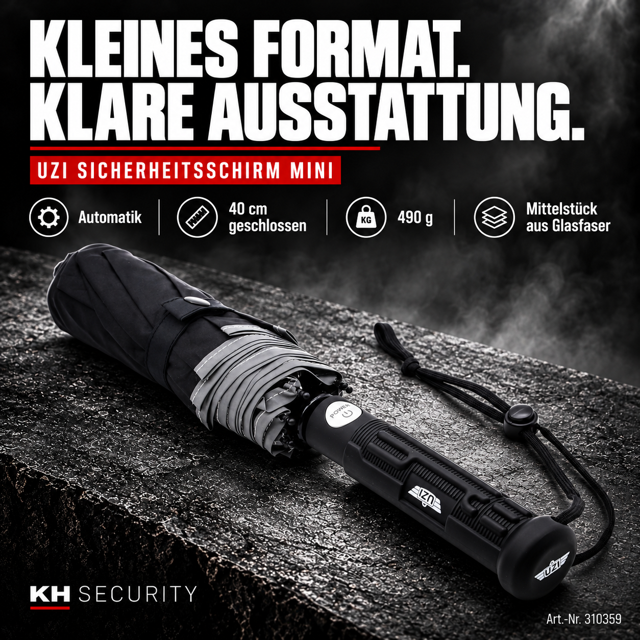 Ausstattung des UZI Sicherheitsschirms mini: Automatik, 40 cm, 490 g und Glasfaser-Mittelstück