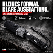 Ausstattung des UZI Sicherheitsschirms mini: Automatik, 40 cm, 490 g und Glasfaser-Mittelstück
